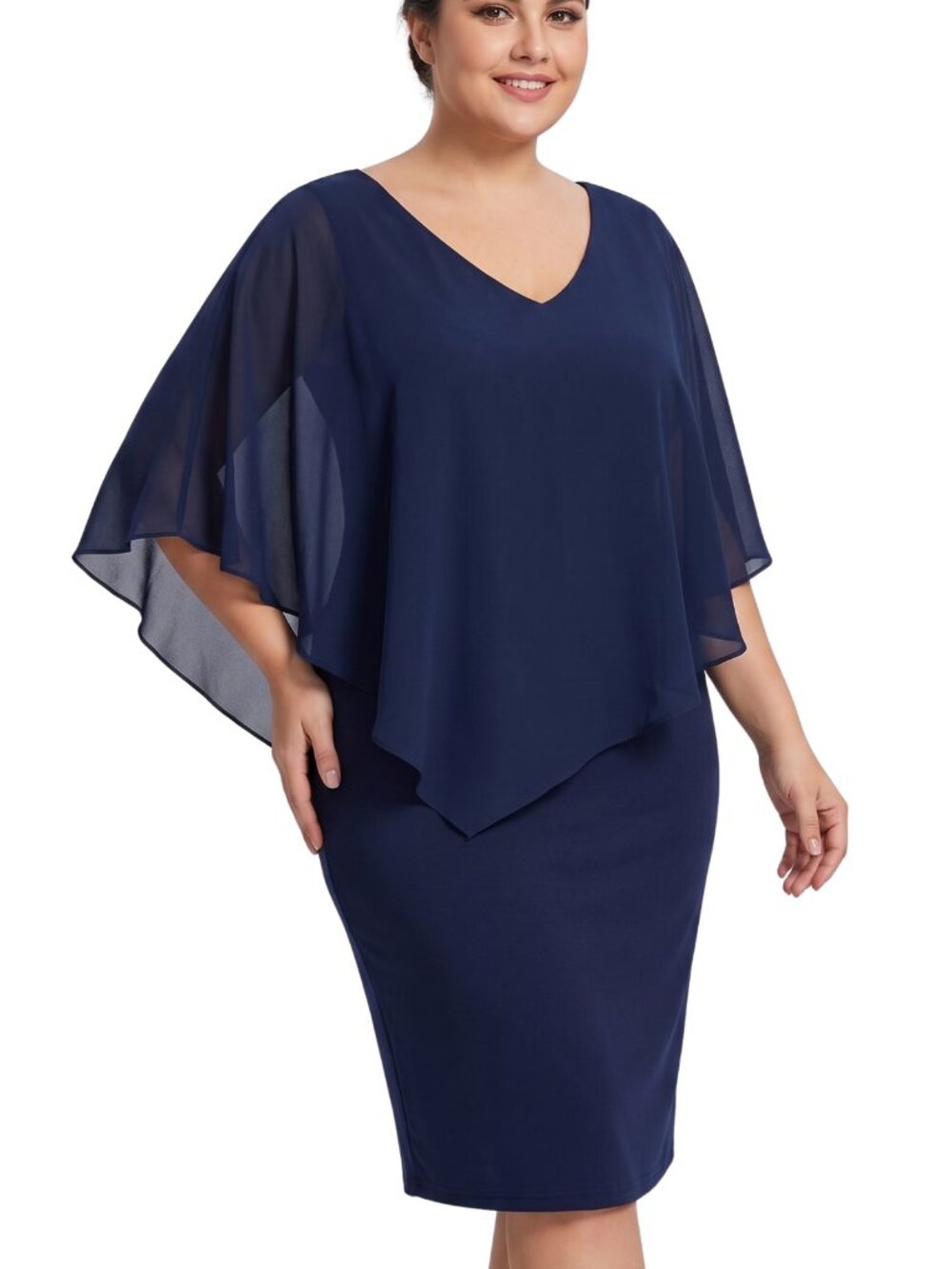 NWT Folunsi Navy Blue Chiffon Overlay Asymmetrical Cape Sheath Dress 2XL